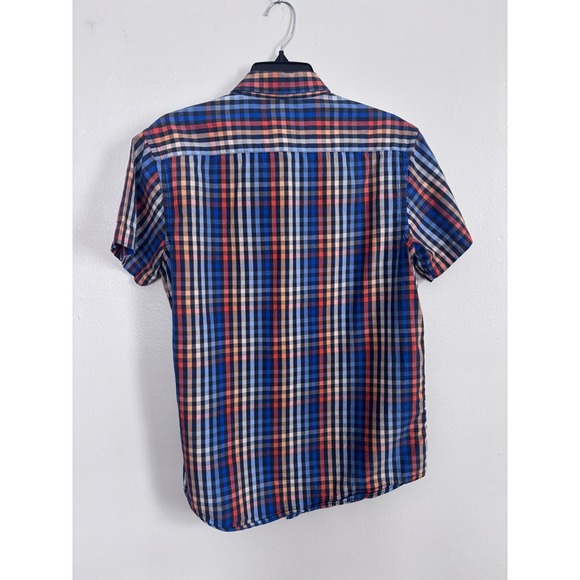 Wrangler Mens Large Short Sleeve Plaid Button Down Shirt Blue Orange - Picture 2 of 7